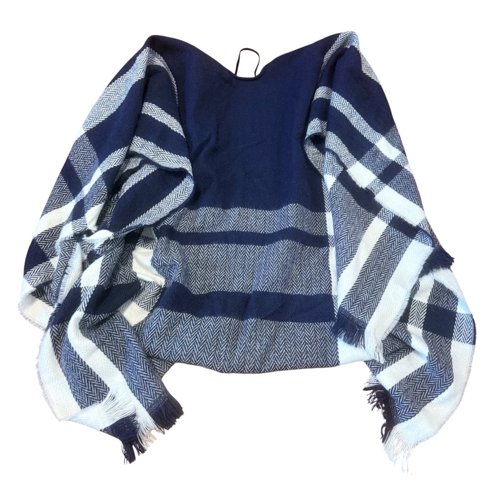 Loft Navy Blue White Plaid Herringbone Fringe Poncho Wrap XS/S